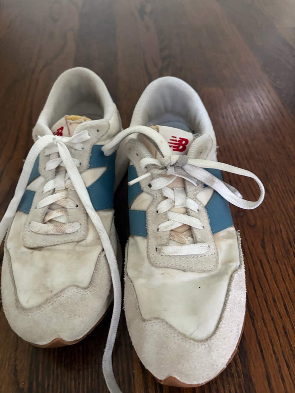 New Balance White and Blue Retro Athletic Sneakers